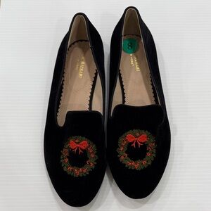 Isaac Mizrahi Black Velvet Loafers with Red & Green Wreath Embroidery